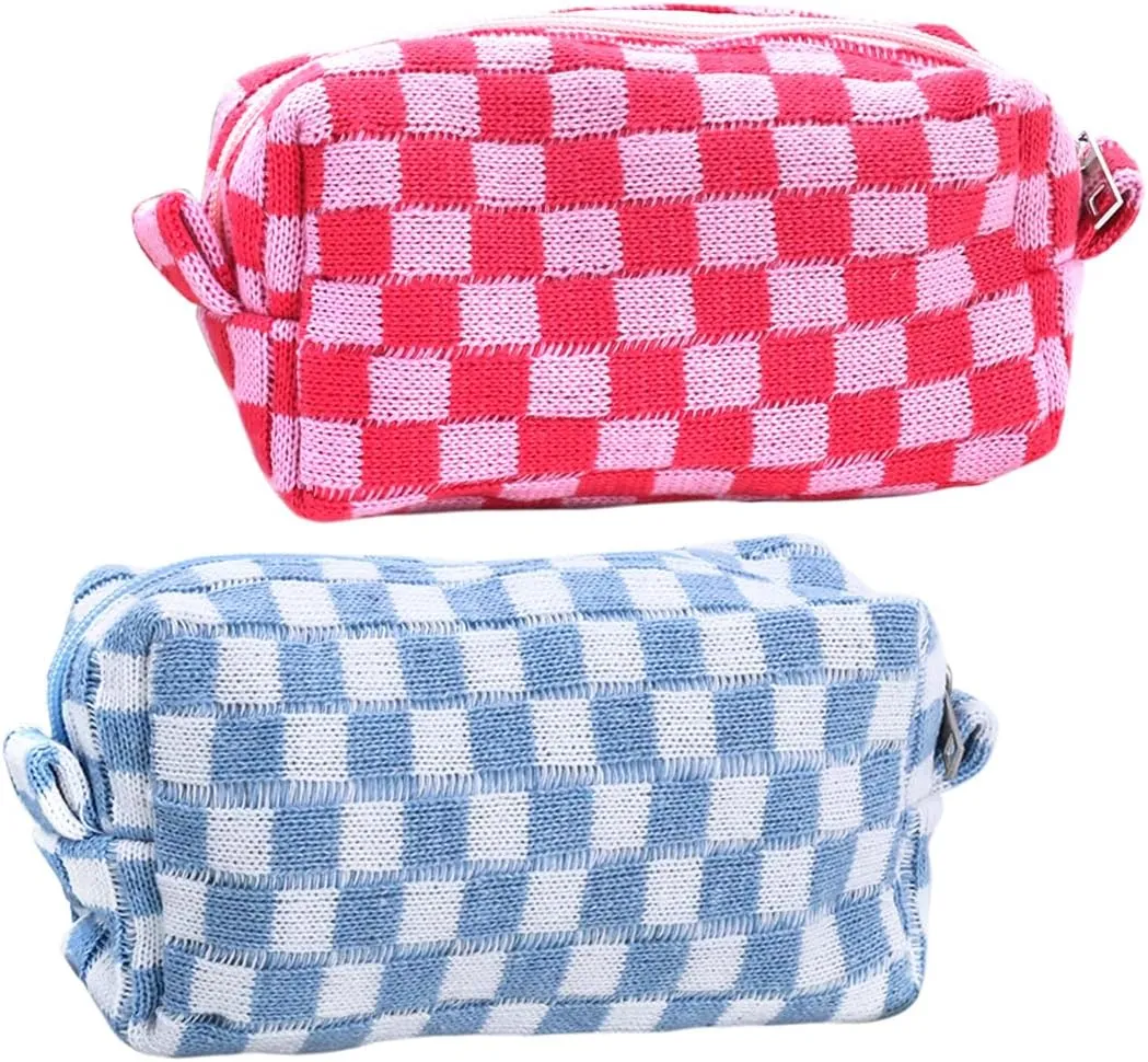 Preppy Makeup Bag Small Checkered Cosmetic Bag Makeup Pouch Toiletry Pouch Set for Purse Aesthetic Pink Blue Checkered Large Capacity Travel College Supplies Cosmetic Organizer Make Up Bag