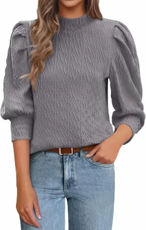 PRETTYGARDEN Womens Puff 3/4 Sleeve Tops 2025 Trendy Spring Summer Mock Neck Texture Knit T Shirts Work Casual Dressy Blouses