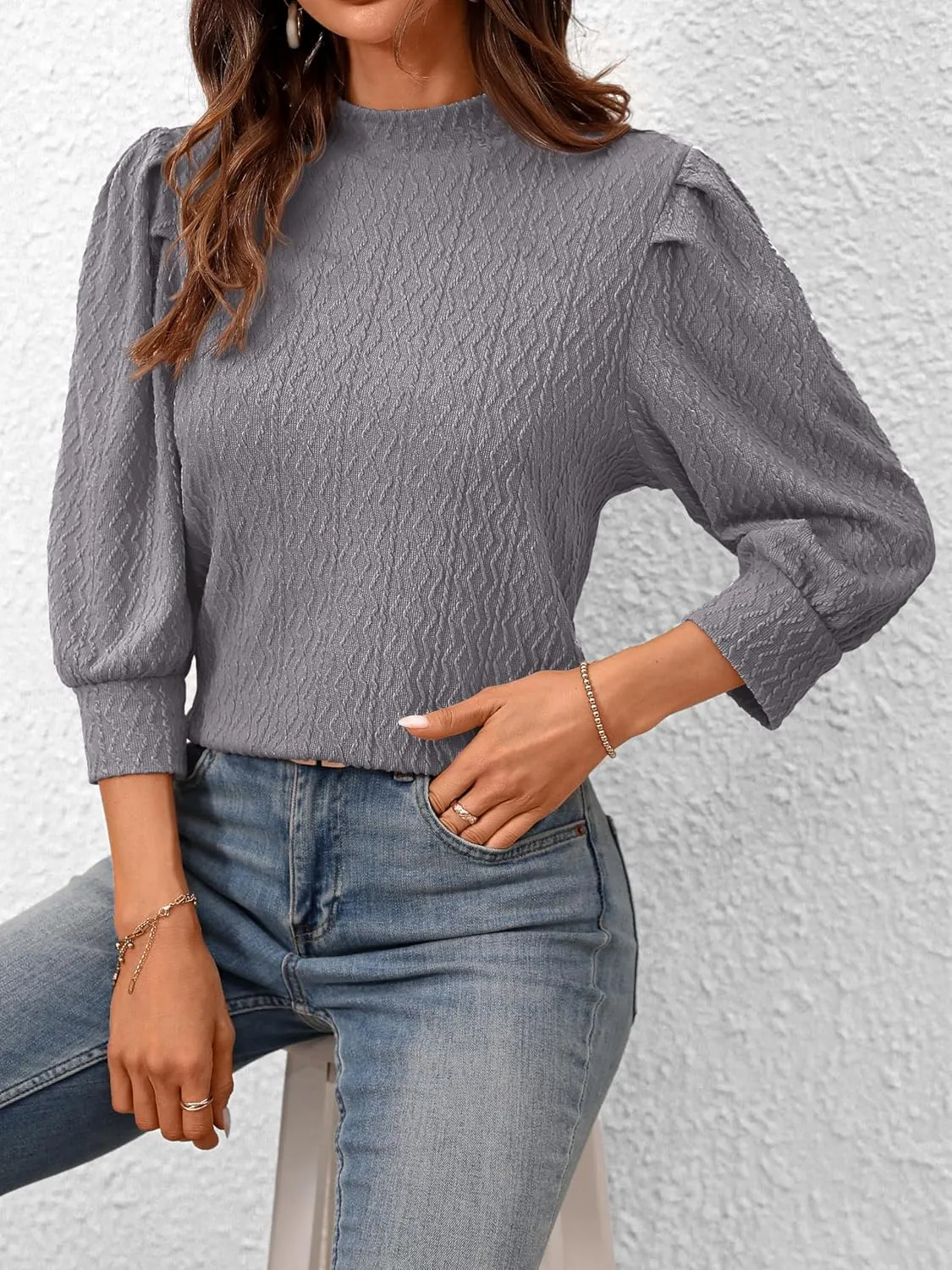PRETTYGARDEN Womens Puff 3/4 Sleeve Tops 2025 Trendy Spring Summer Mock Neck Texture Knit T Shirts Work Casual Dressy Blouses