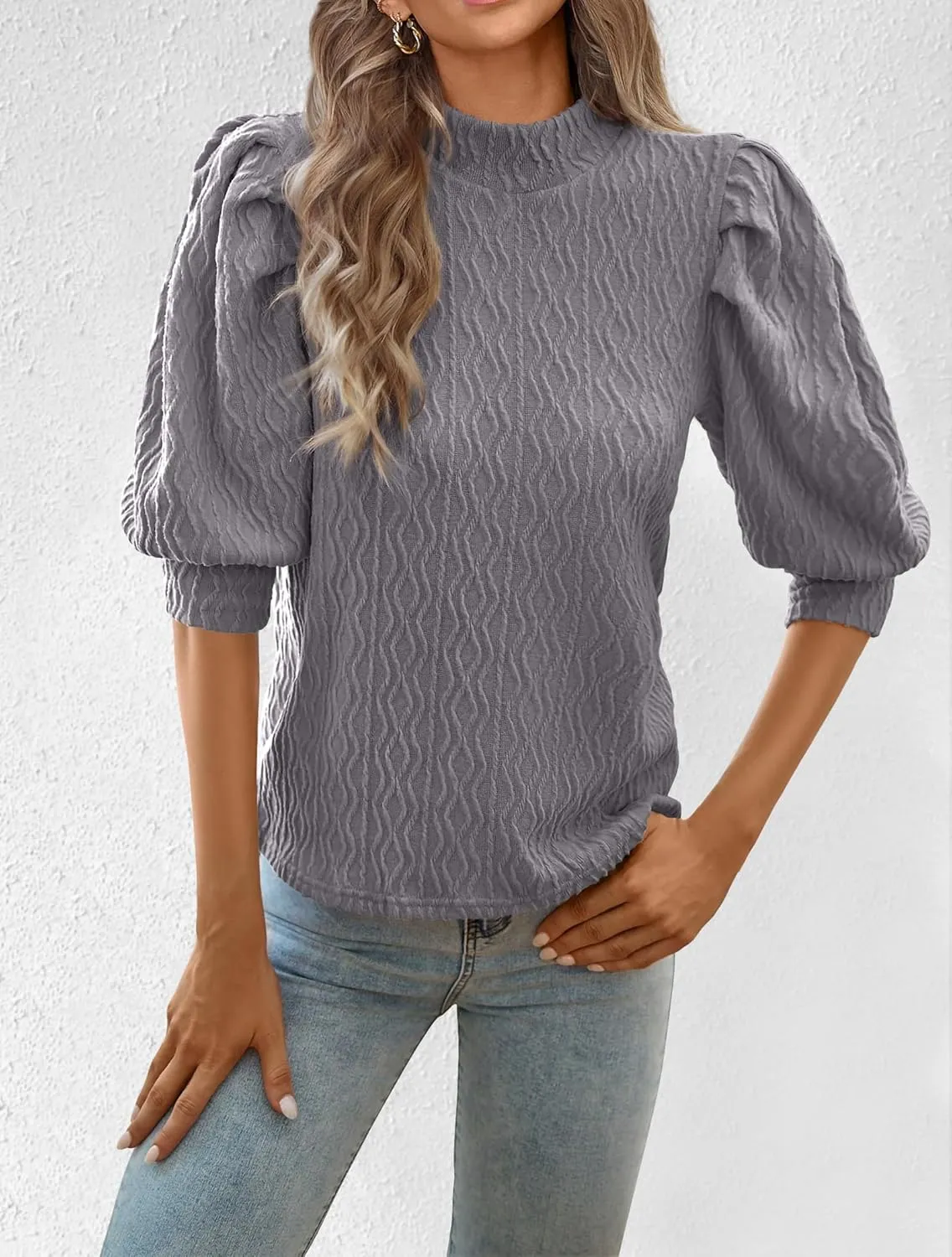 PRETTYGARDEN Womens Puff 3/4 Sleeve Tops 2025 Trendy Spring Summer Mock Neck Texture Knit T Shirts Work Casual Dressy Blouses