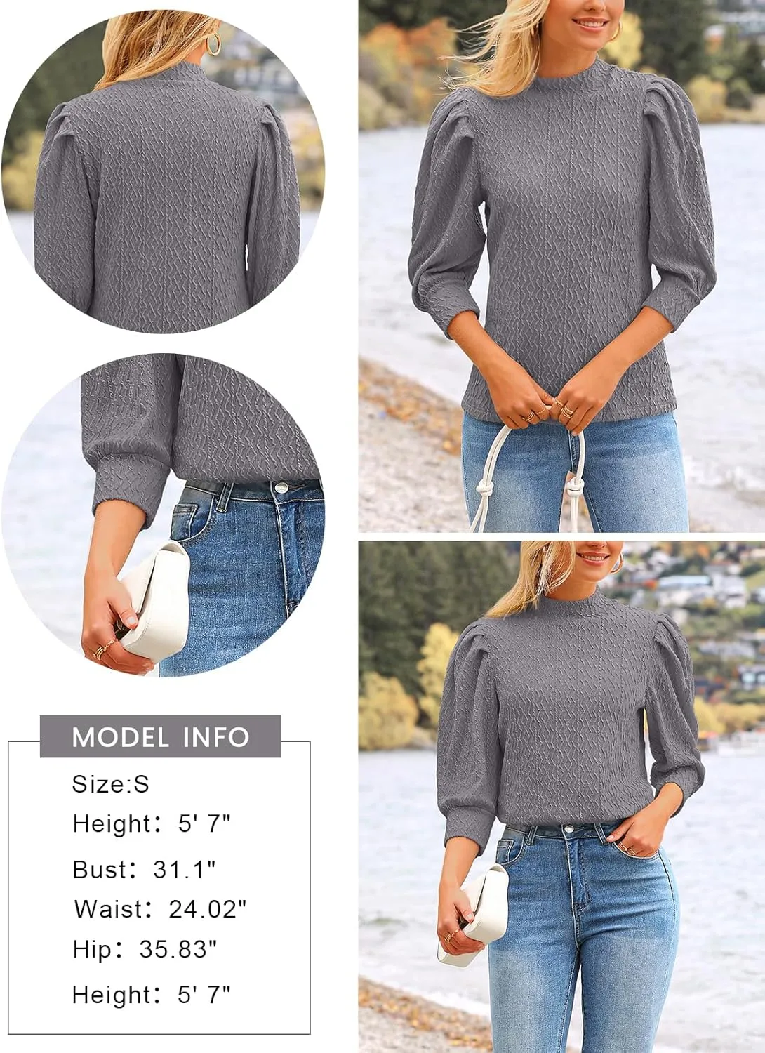 PRETTYGARDEN Womens Puff 3/4 Sleeve Tops 2025 Trendy Spring Summer Mock Neck Texture Knit T Shirts Work Casual Dressy Blouses