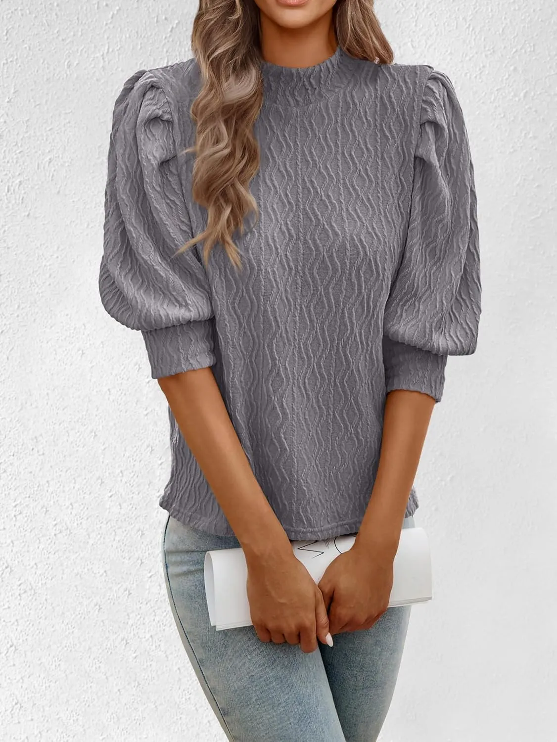 PRETTYGARDEN Womens Puff 3/4 Sleeve Tops 2025 Trendy Spring Summer Mock Neck Texture Knit T Shirts Work Casual Dressy Blouses