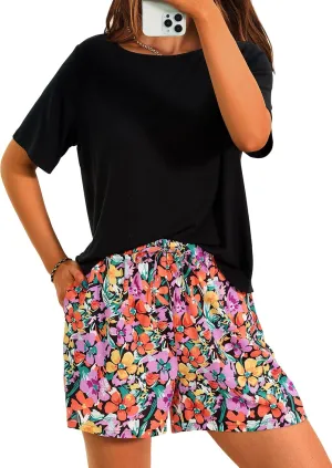 PRETTYGARDEN Women's Summer 2 Piece Outfits Lounge Sets Short Sleeve Tee Shirts Tops Blouses Pockets Printed Shorts Tracksuit