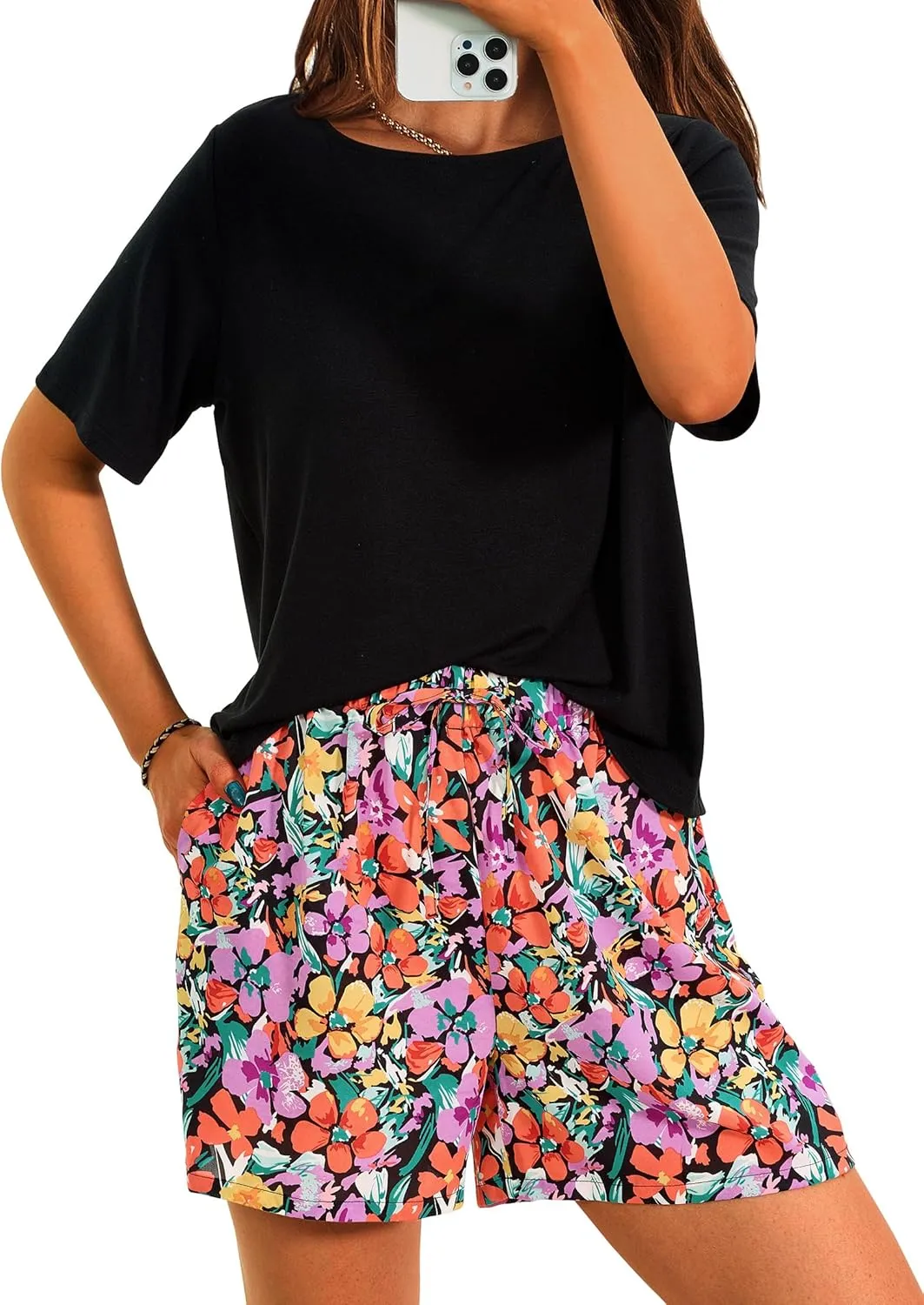 PRETTYGARDEN Women's Summer 2 Piece Outfits Lounge Sets Short Sleeve Tee Shirts Tops Blouses Pockets Printed Shorts Tracksuit