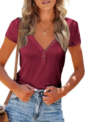 PRETTYGARDEN Women's Summer Casual Henley T-Shirts Short Sleeve V Neck Button Up Ribbed Knit Slim Fit Basic Tops