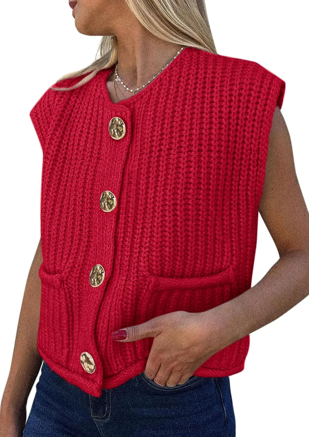 PRETTYGARDEN Women's Summer Sweaters Vest 2025 Sleeveless Button Down Cropped Pockets Chunky Knit Cardigan Trendy Tank Tops