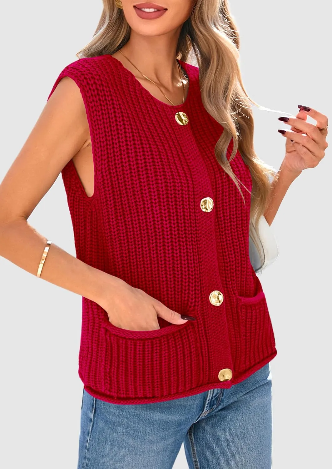PRETTYGARDEN Women's Summer Sweaters Vest 2025 Sleeveless Button Down Cropped Pockets Chunky Knit Cardigan Trendy Tank Tops