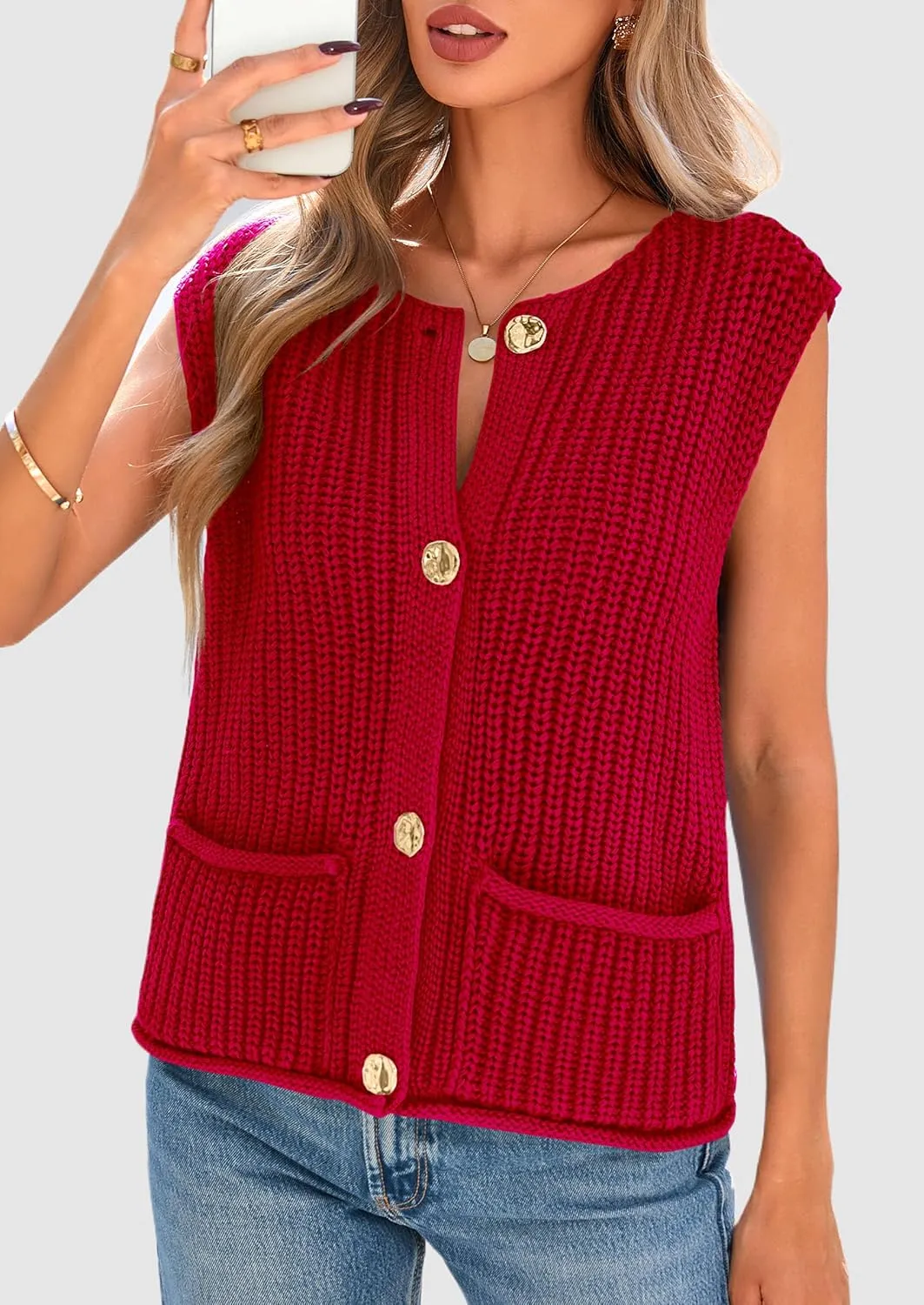 PRETTYGARDEN Women's Summer Sweaters Vest 2025 Sleeveless Button Down Cropped Pockets Chunky Knit Cardigan Trendy Tank Tops