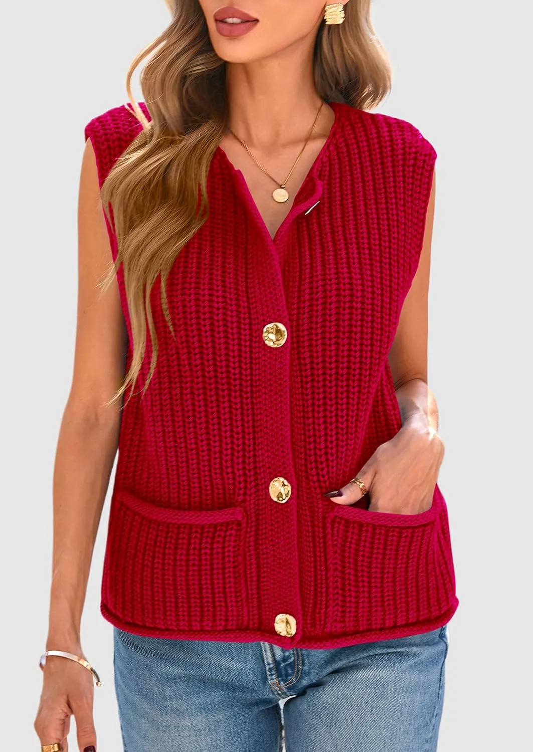 PRETTYGARDEN Women's Summer Sweaters Vest 2025 Sleeveless Button Down Cropped Pockets Chunky Knit Cardigan Trendy Tank Tops
