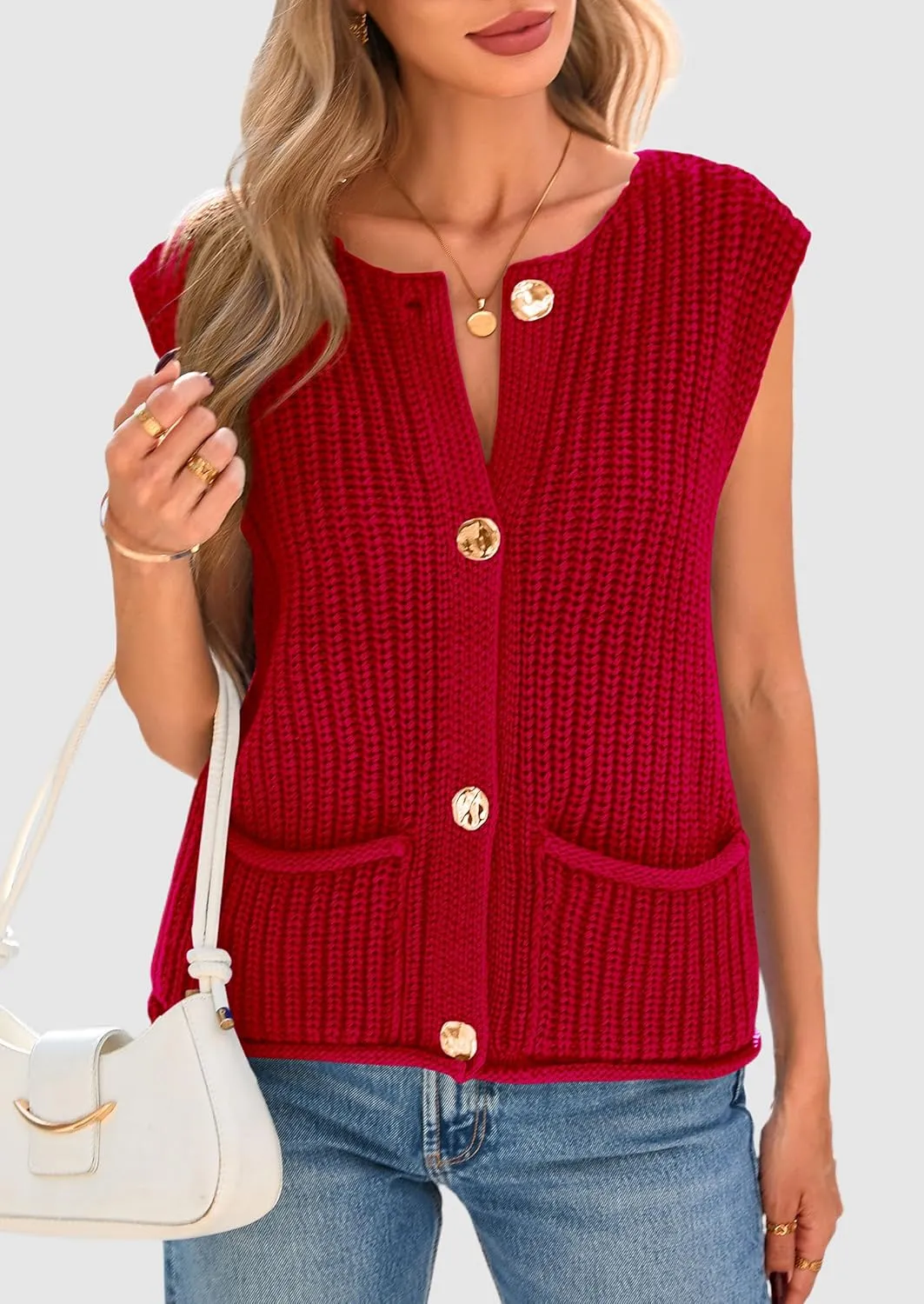 PRETTYGARDEN Women's Summer Sweaters Vest 2025 Sleeveless Button Down Cropped Pockets Chunky Knit Cardigan Trendy Tank Tops