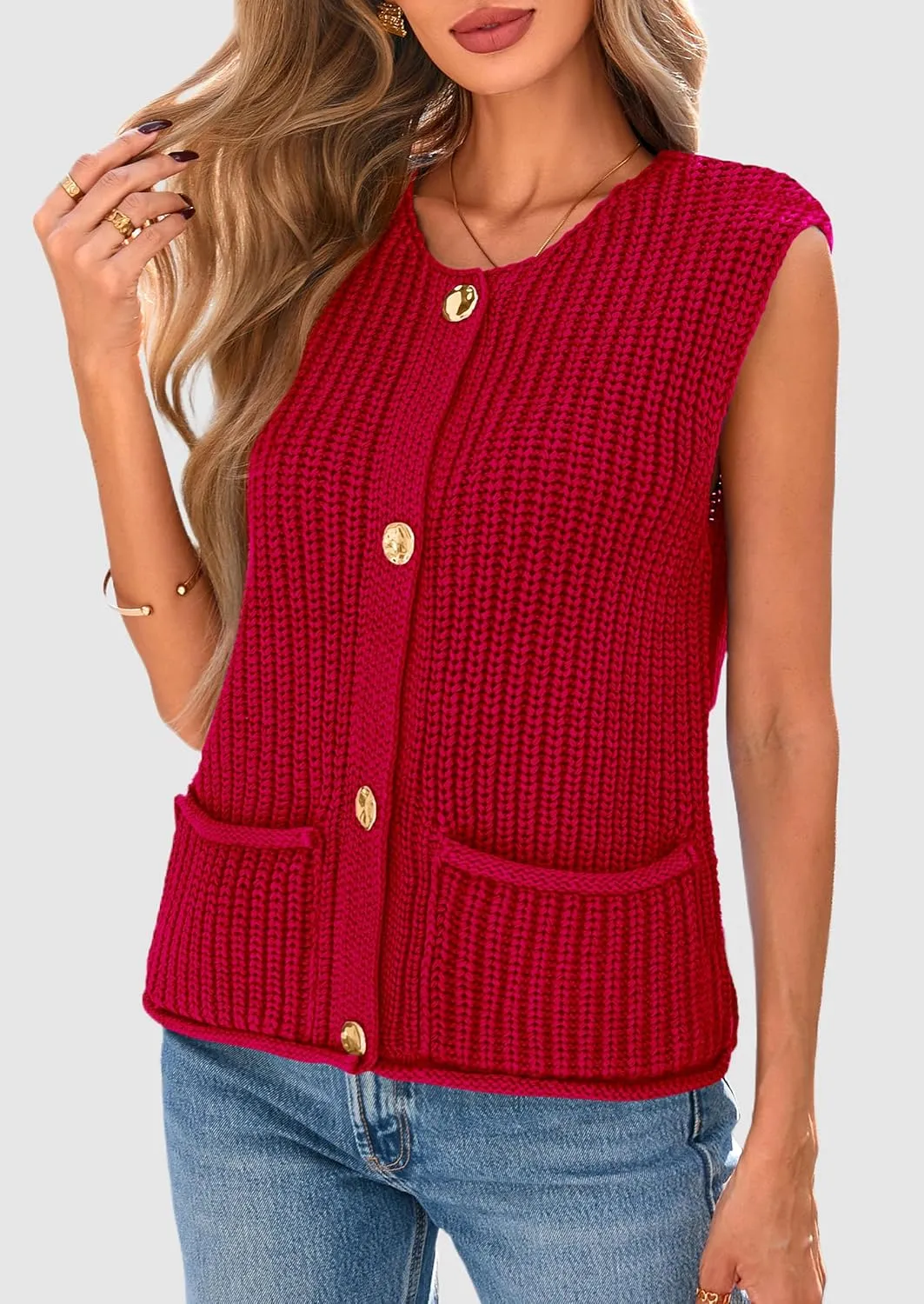 PRETTYGARDEN Women's Summer Sweaters Vest 2025 Sleeveless Button Down Cropped Pockets Chunky Knit Cardigan Trendy Tank Tops