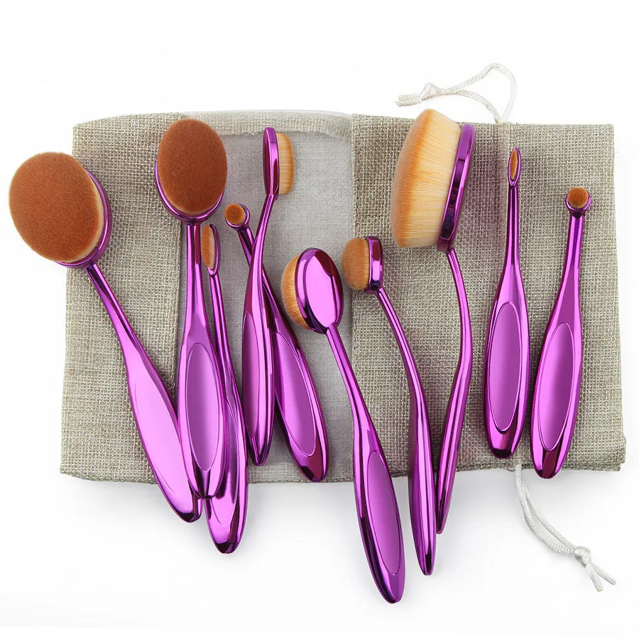Professional 10 pcs Oval Makeup Brushes Extremely Soft Makeup Brush Set Foundation Powder Brush Kit with Bag