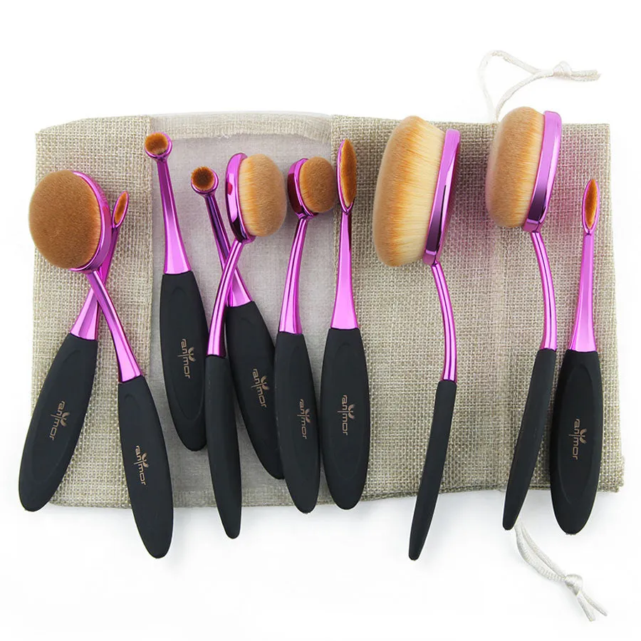 Professional 10 pcs Oval Makeup Brushes Extremely Soft Makeup Brush Set Foundation Powder Brush Kit with Bag