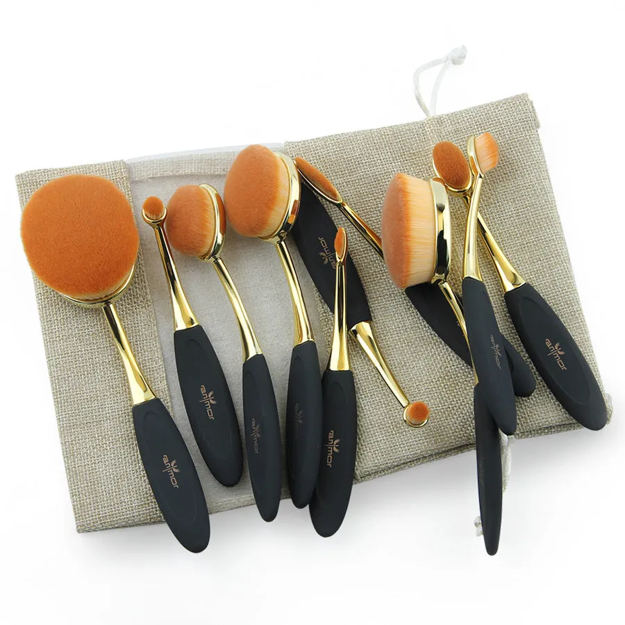 Professional 10 pcs Oval Makeup Brushes Extremely Soft Makeup Brush Set Foundation Powder Brush Kit with Bag