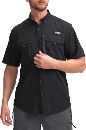 Pudolla Men's Fishing Shirts with Short Sleeves, Summer Travel Work Shirts, Button Down with UPF50  and Zipper Pockets