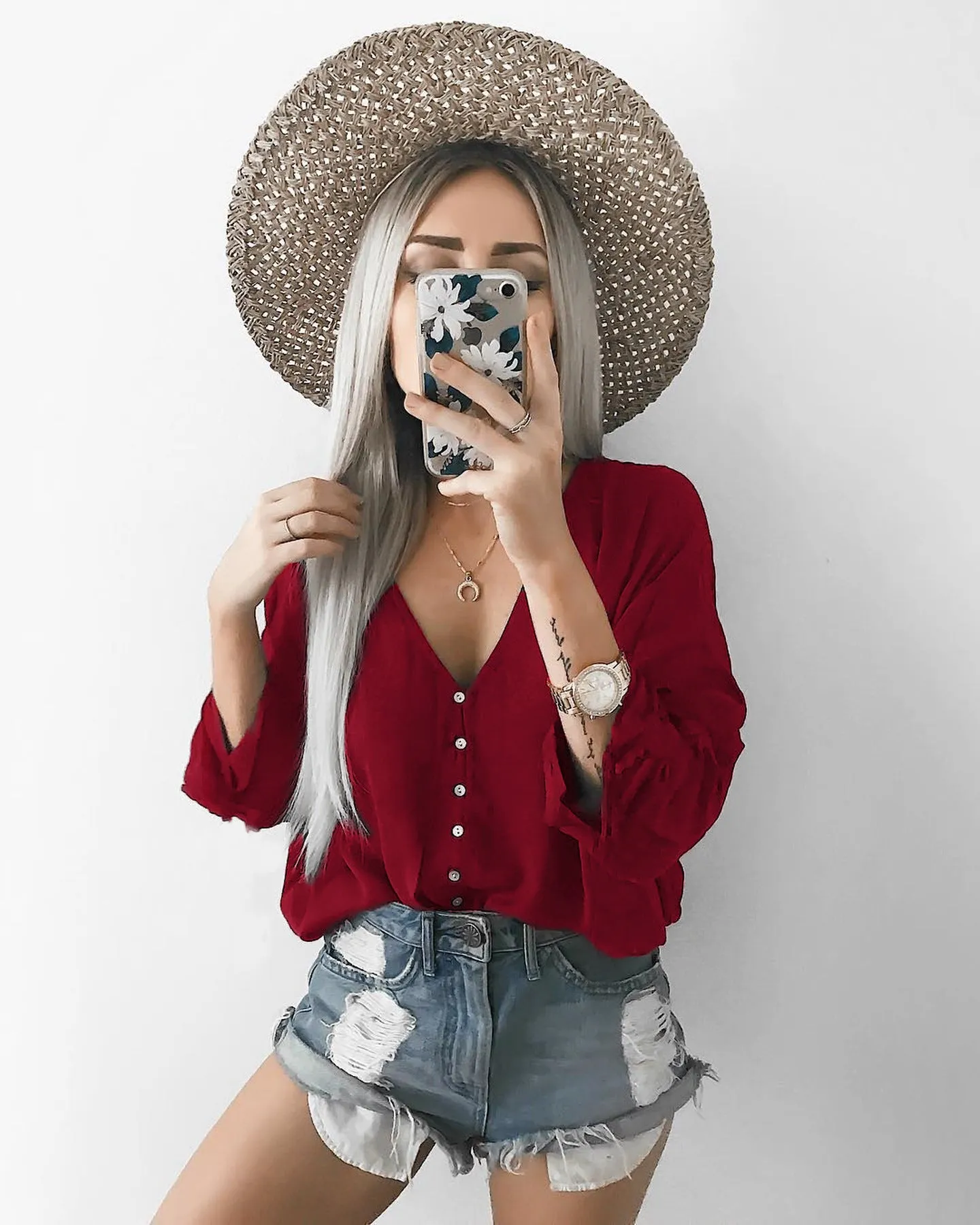 Pure Color V-neck Long Sleeves Regular Loose Blouse
