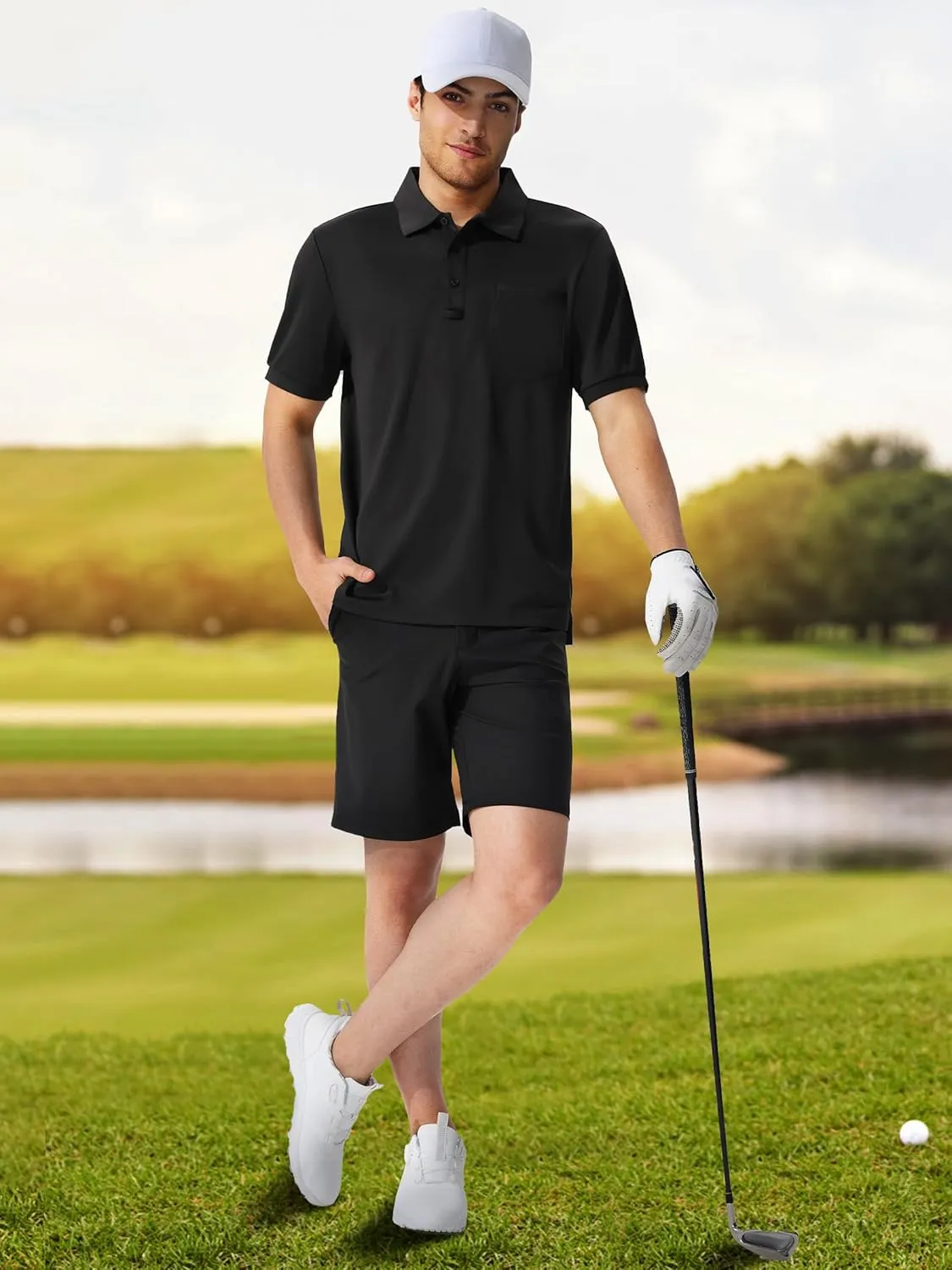 QPNGRP Men's Polo Shirts Short Sleeve with Pocket Quick Dry Performance Golf Shirts Casual Tactical Pique Collared T Shirt