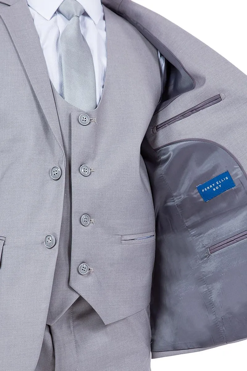 "Boys' Wedding Suit by Perry Ellis: Classy Light Grey Vested Look"