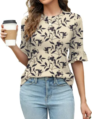 Rapbin Womens 3/4 Length Sleeve Tops Loose Fit Casual Crew Neck Shirts Ruffle Tunic Blouses