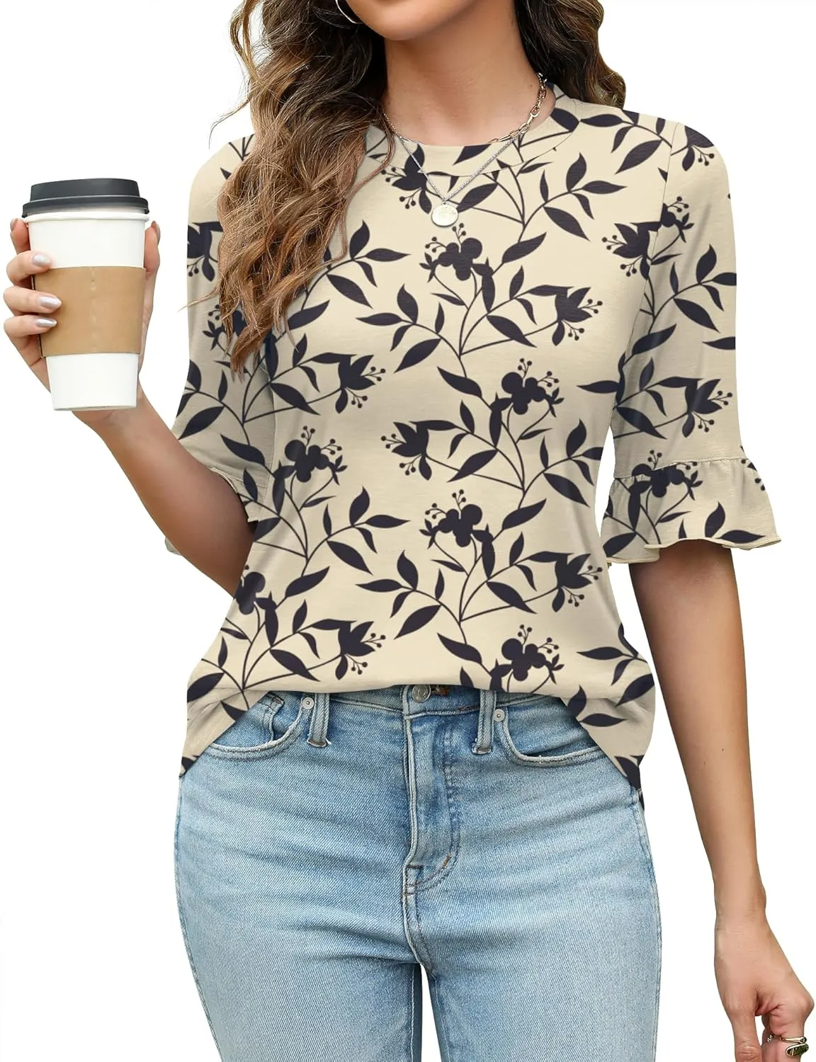 Rapbin Womens 3/4 Length Sleeve Tops Loose Fit Casual Crew Neck Shirts Ruffle Tunic Blouses