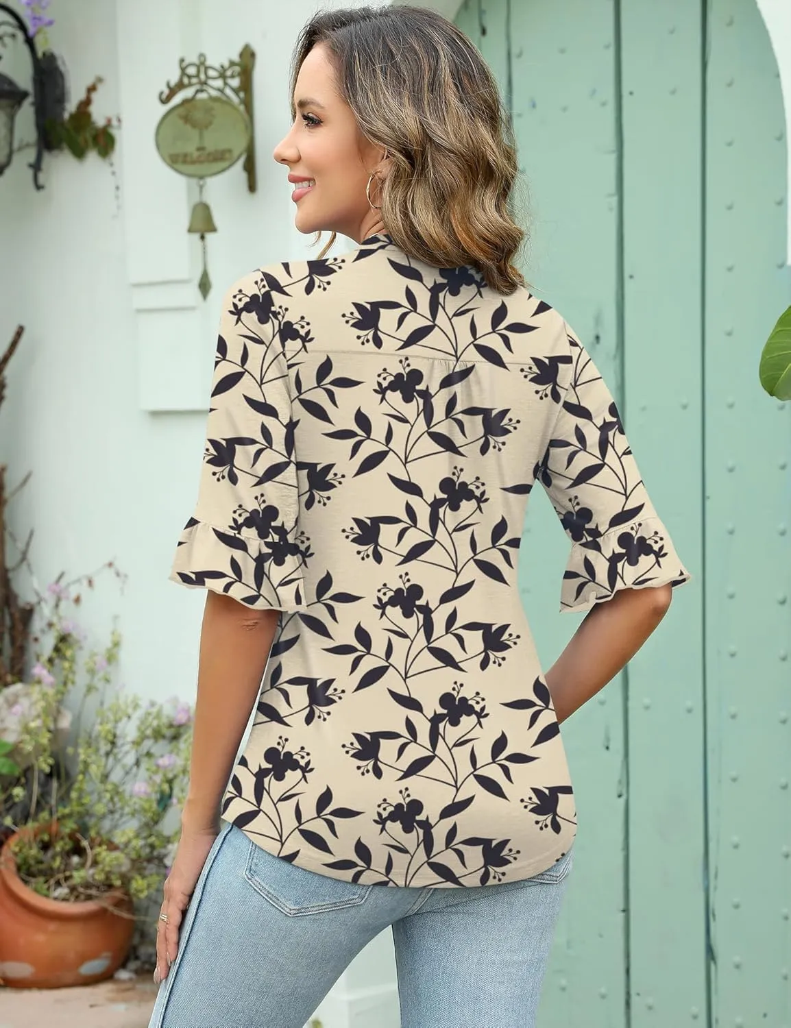 Rapbin Womens 3/4 Length Sleeve Tops Loose Fit Casual Crew Neck Shirts Ruffle Tunic Blouses