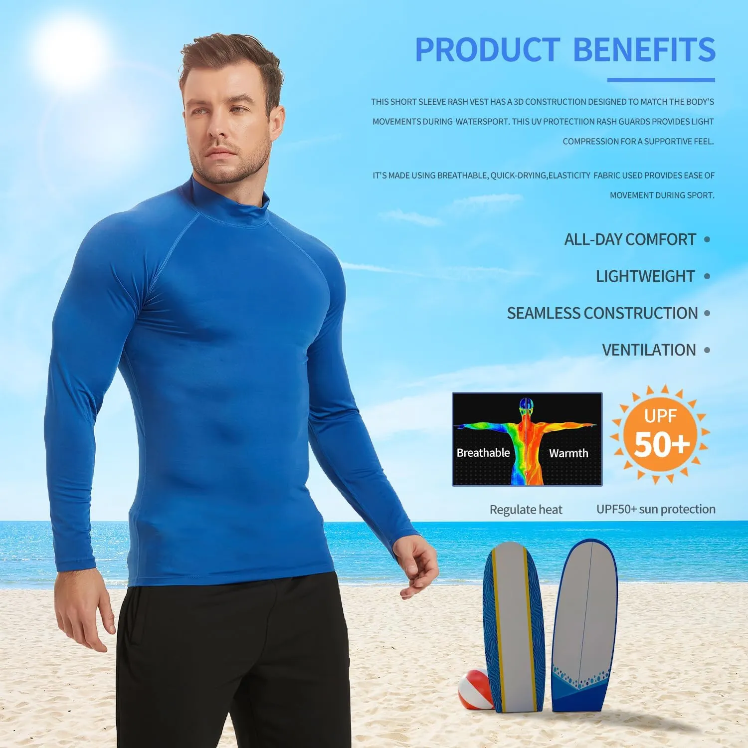 Rash Guard Shirts for Men UV Sun Protection UPF 50 Fitted Rashguard Swim Shirts Quick Dry Swimming Fishing Running