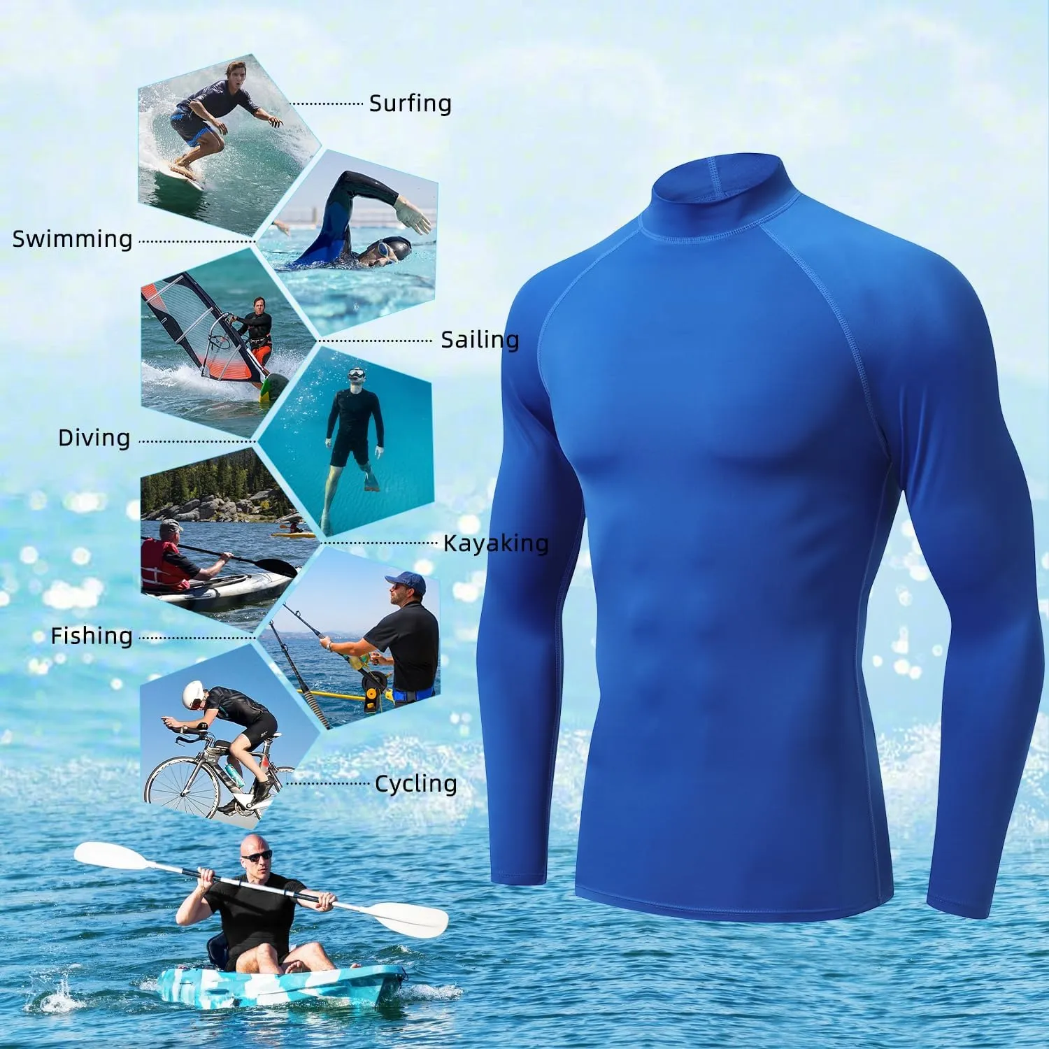 Rash Guard Shirts for Men UV Sun Protection UPF 50 Fitted Rashguard Swim Shirts Quick Dry Swimming Fishing Running