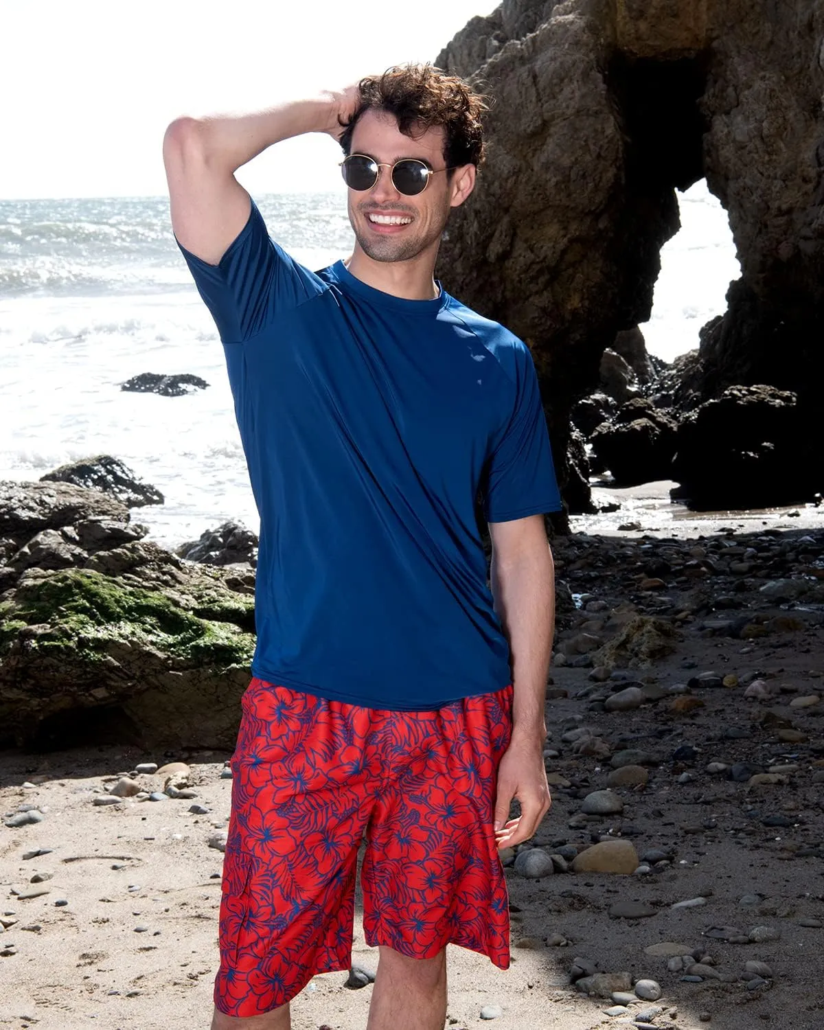 Real Essentials 4 Pack: Mens Short Sleeve Rash Guard Shirt Quick Dry UPF 50  Sun Protection Swim (Available in Big & Tall)
