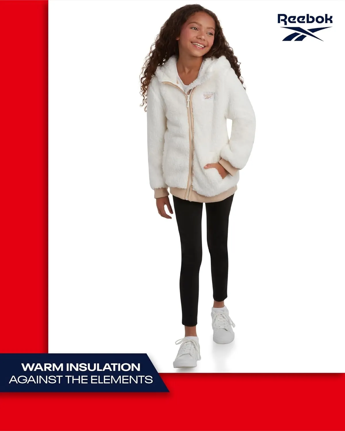 Reebok Girls Fleece Jacket  Full Zip Faux Fur Teddy Coat  Sherpa Fleece Hooded Sweatshirt Jacket for Girls (7-16)
