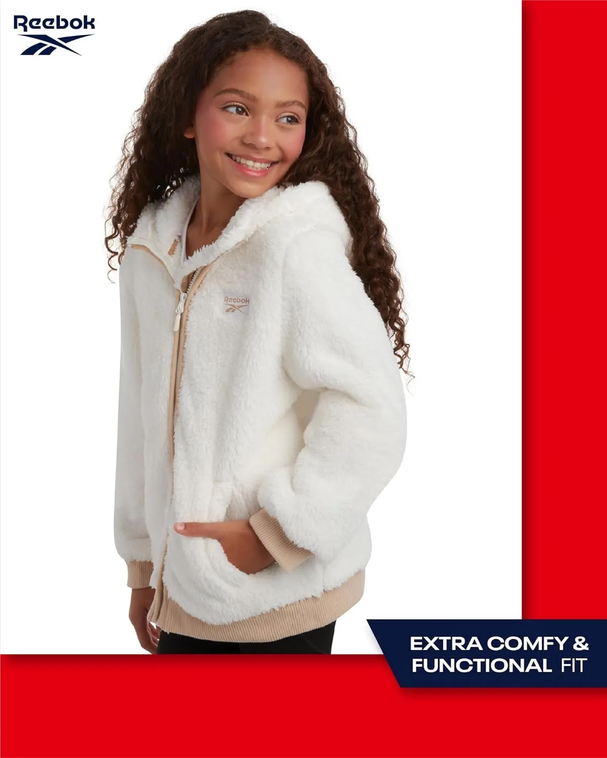 Reebok Girls Fleece Jacket  Full Zip Faux Fur Teddy Coat  Sherpa Fleece Hooded Sweatshirt Jacket for Girls (7-16)