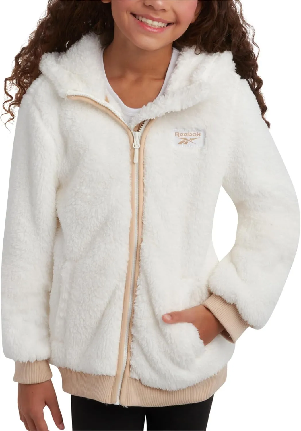 Reebok Girls Fleece Jacket  Full Zip Faux Fur Teddy Coat  Sherpa Fleece Hooded Sweatshirt Jacket for Girls (7-16)