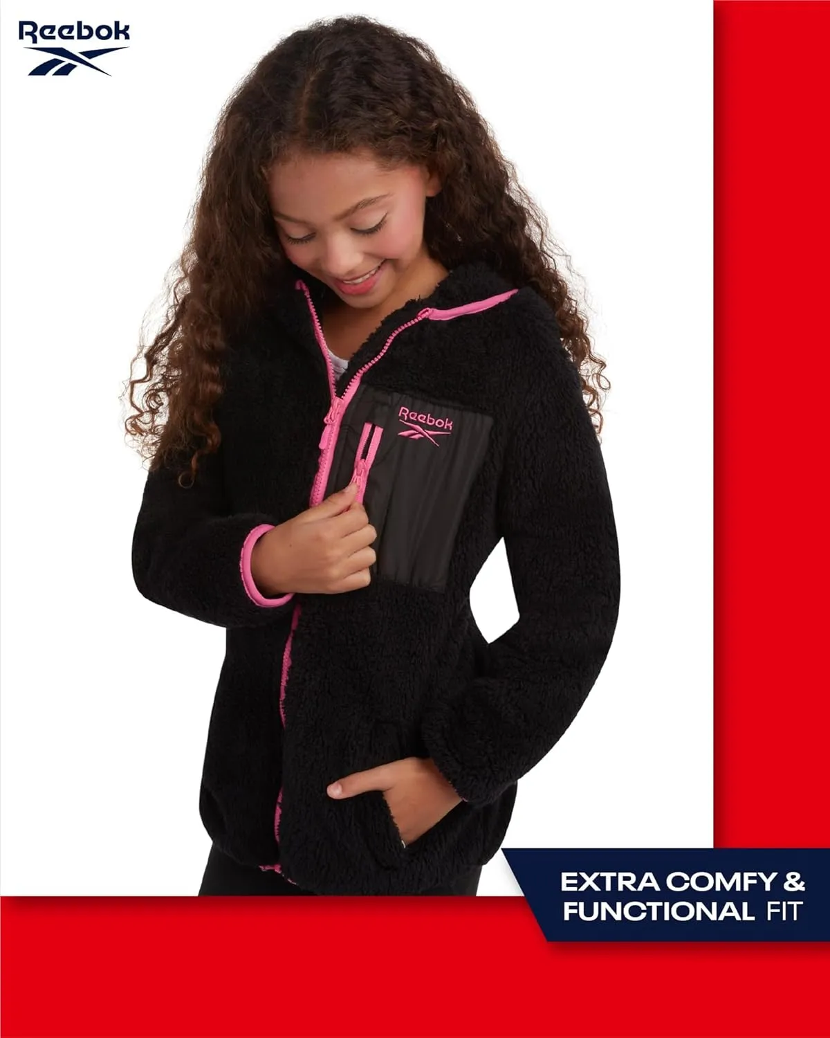 Reebok Girls Fleece Jacket  Full Zip Sherpa Fleece Hooded Sweatshirt Jacket  Faux Fur Teddy Coat for Girls (7-16)