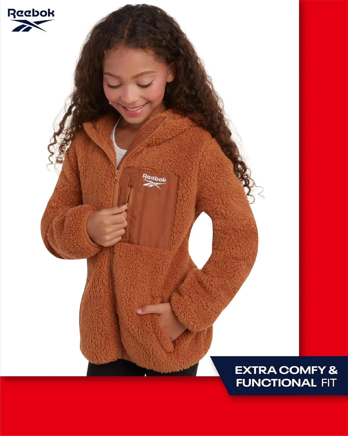 Reebok Girls Fleece Jacket  Full Zip Sherpa Fleece Hooded Sweatshirt Jacket  Faux Fur Teddy Coat for Girls (7-16)