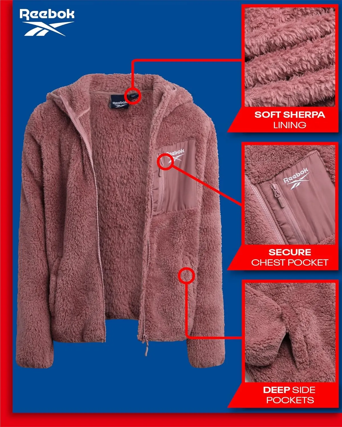 Reebok Girls Fleece Jacket  Full Zip Sherpa Fleece Hooded Sweatshirt Jacket  Faux Fur Teddy Coat for Girls (7-16)
