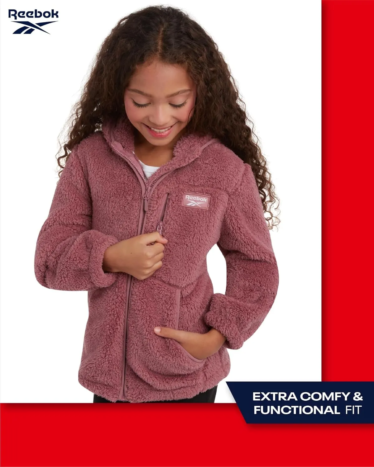 Reebok Girls Fleece Jacket  Full Zip Sherpa Fleece Hooded Sweatshirt Jacket  Faux Fur Teddy Coat for Girls (7-16)