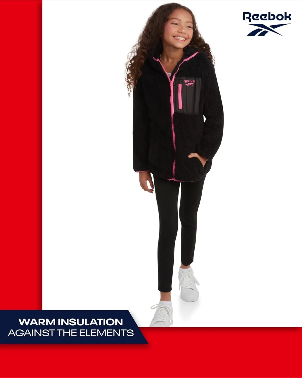 Reebok Girls Fleece Jacket  Full Zip Sherpa Fleece Hooded Sweatshirt Jacket  Faux Fur Teddy Coat for Girls (7-16)