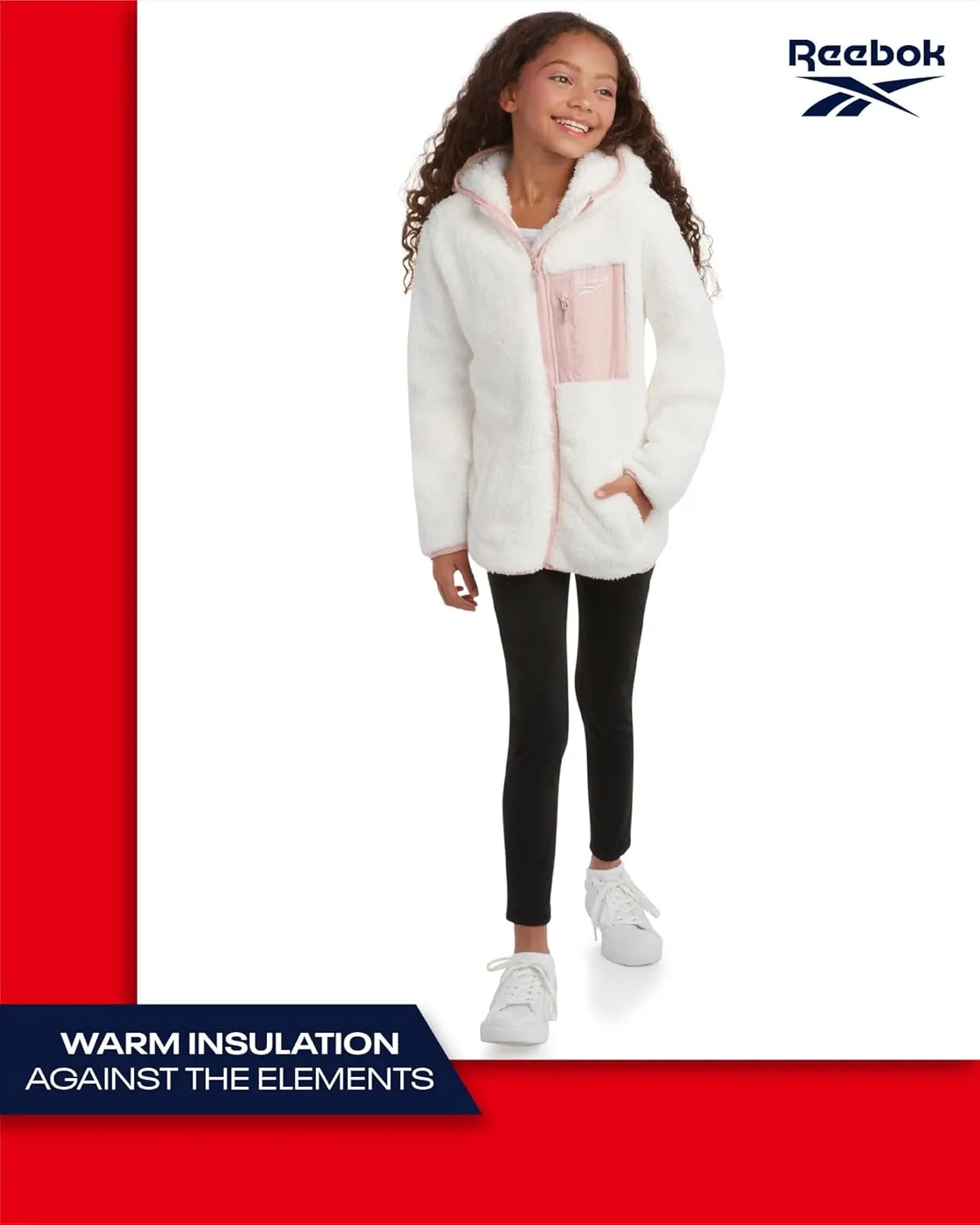 Reebok Girls Fleece Jacket  Full Zip Sherpa Fleece Hooded Sweatshirt Jacket  Faux Fur Teddy Coat for Girls (7-16)