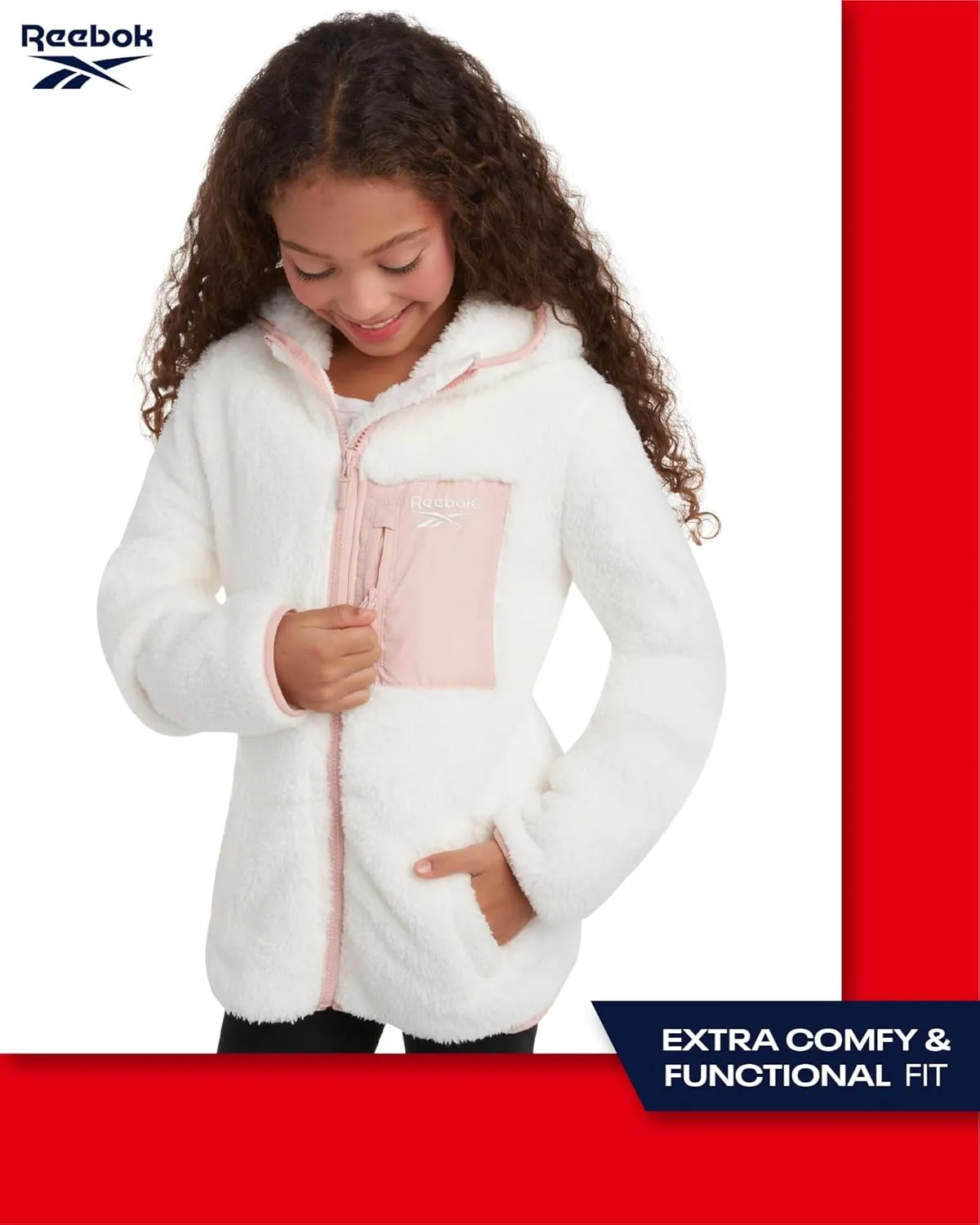 Reebok Girls Fleece Jacket  Full Zip Sherpa Fleece Hooded Sweatshirt Jacket  Faux Fur Teddy Coat for Girls (7-16)