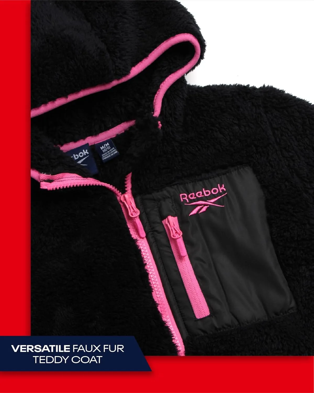 Reebok Girls Fleece Jacket  Full Zip Sherpa Fleece Hooded Sweatshirt Jacket  Faux Fur Teddy Coat for Girls (7-16)