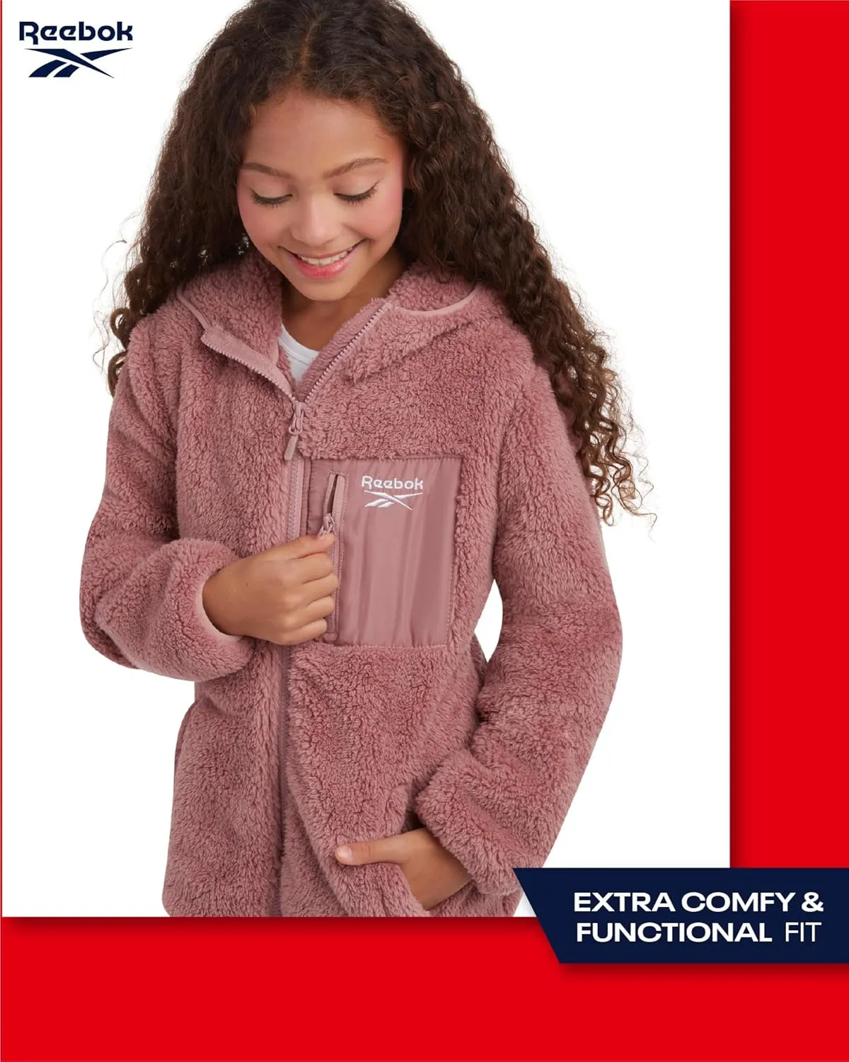 Reebok Girls Fleece Jacket  Full Zip Sherpa Fleece Hooded Sweatshirt Jacket  Faux Fur Teddy Coat for Girls (7-16)