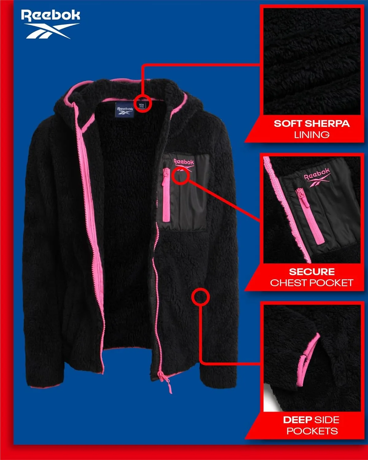 Reebok Girls Fleece Jacket  Full Zip Sherpa Fleece Hooded Sweatshirt Jacket  Faux Fur Teddy Coat for Girls (7-16)