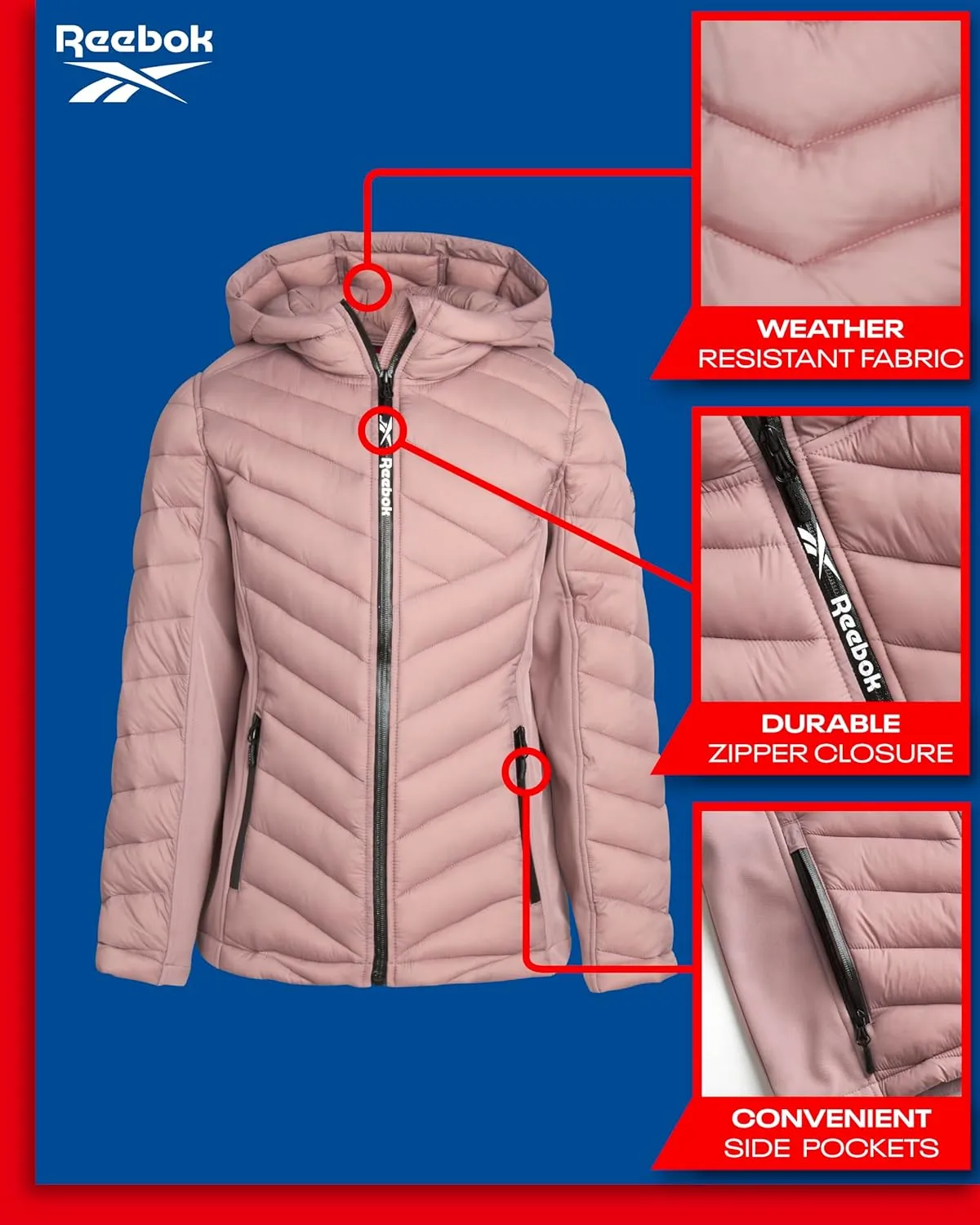 Reebok Girls Jacket  Hooded Quilted Puffer Parka Coat - Lightweight Coat for Girls, 4-16