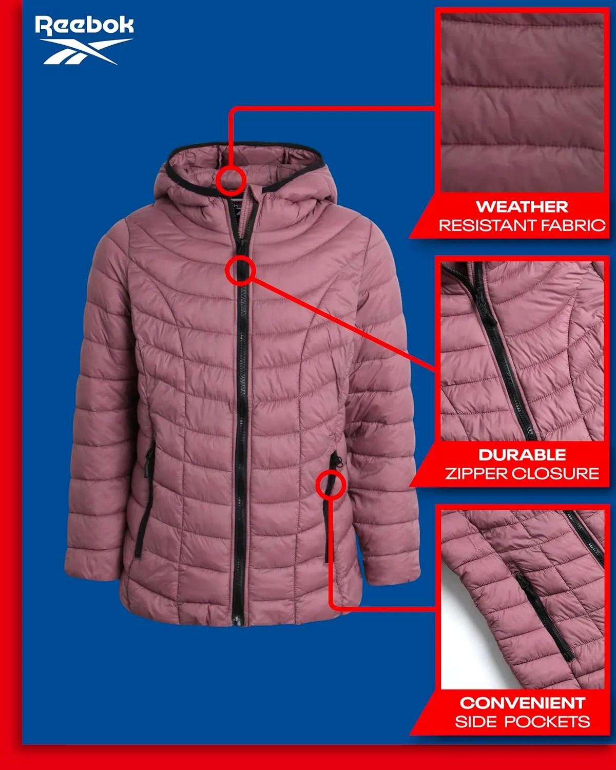 Reebok Girls Jacket  Hooded Quilted Puffer Parka Coat - Lightweight Coat for Girls, 4-16