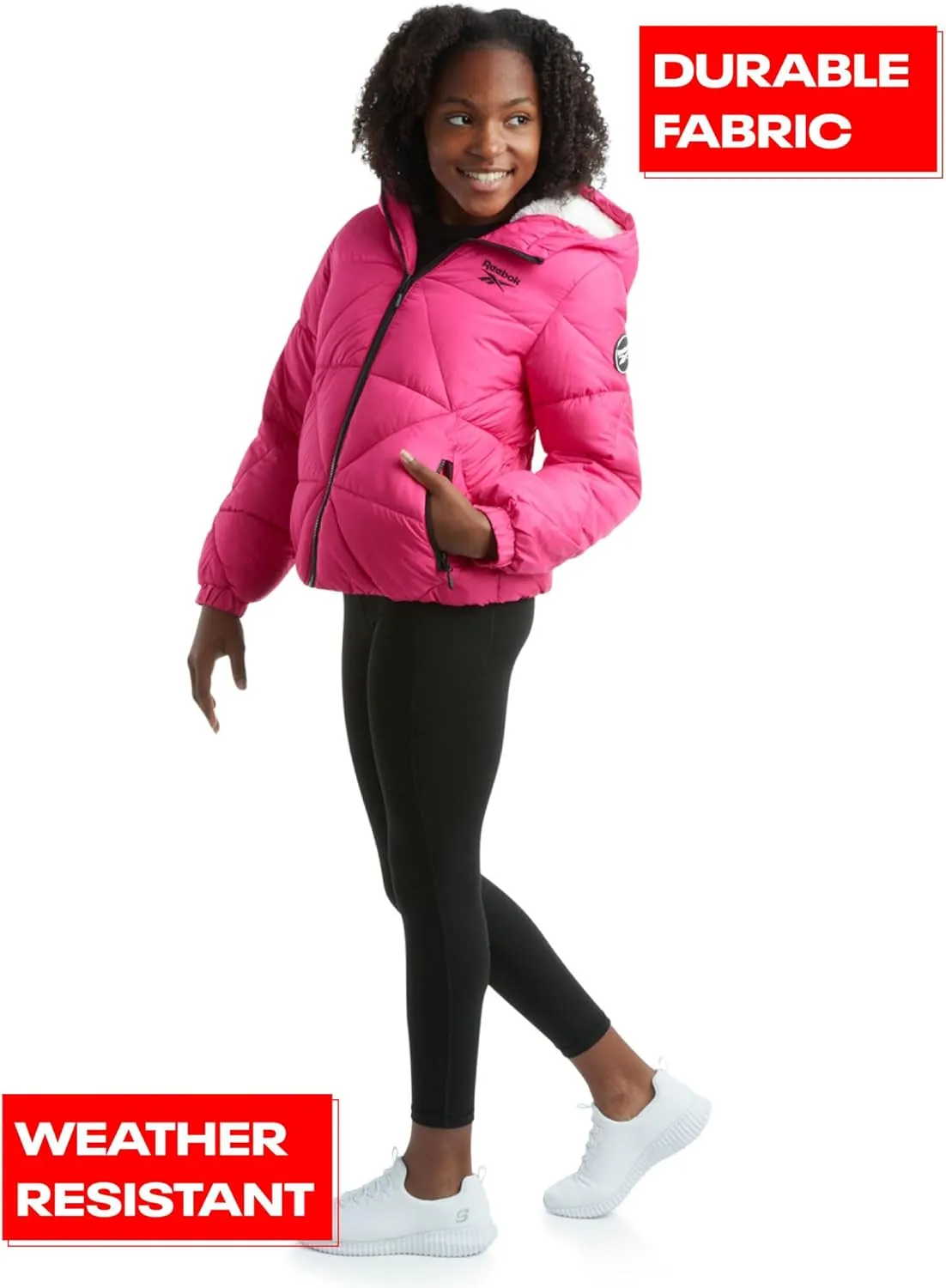Reebok Girls' Winter Coat - Heavyweight Quilted Sherpa Fur Lined Cropped Puffer Parka - Casual Jacket for Girls (4-16)