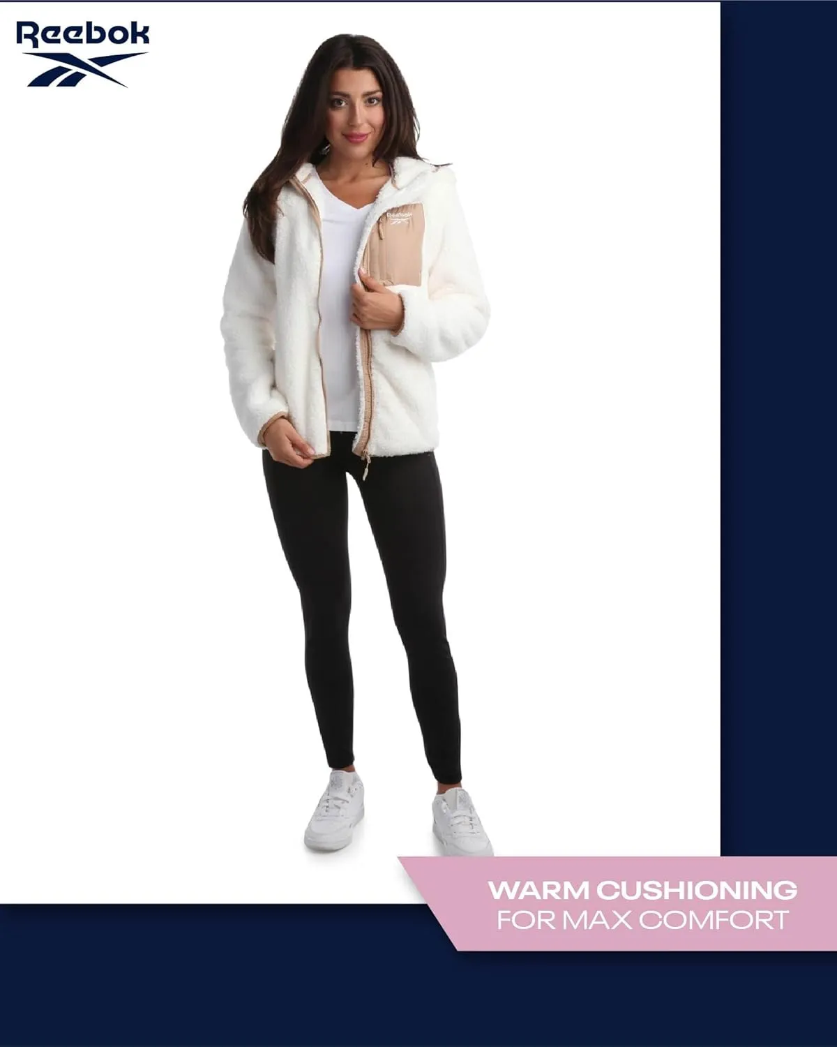 Reebok Women's Fleece Sweatshirt Jacket - Full Zip Sherpa Fur Hooded Jacket - Lightweight Teddy Coat for Women (S-XL)