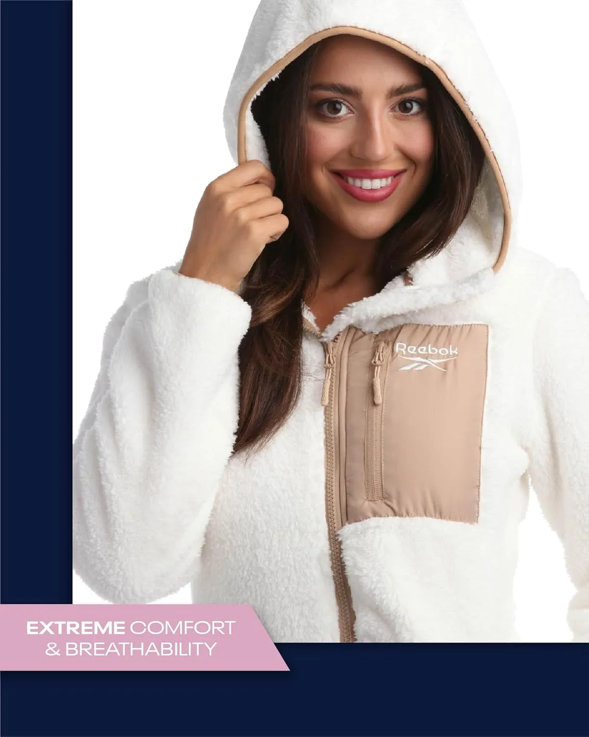 Reebok Women's Fleece Sweatshirt Jacket - Full Zip Sherpa Fur Hooded Jacket - Lightweight Teddy Coat for Women (S-XL)