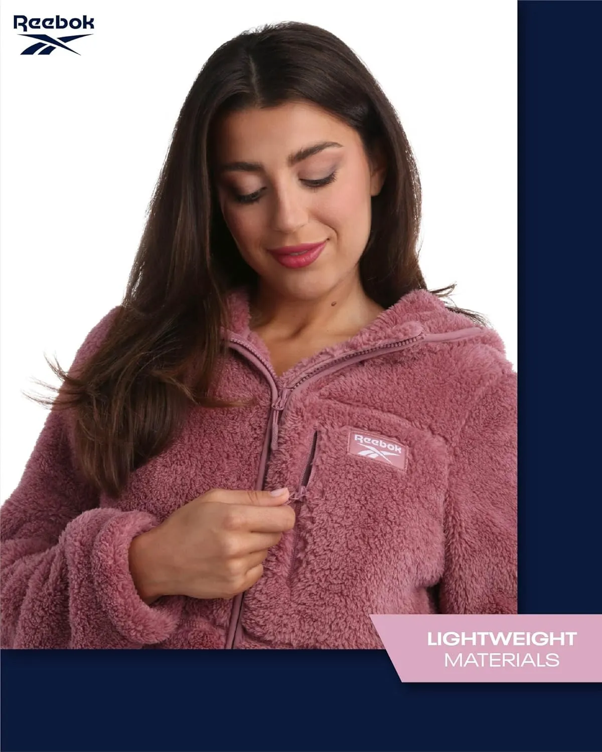 Reebok Women's Fleece Sweatshirt Jacket - Full Zip Sherpa Fur Hooded Jacket - Lightweight Teddy Coat for Women (S-XL)