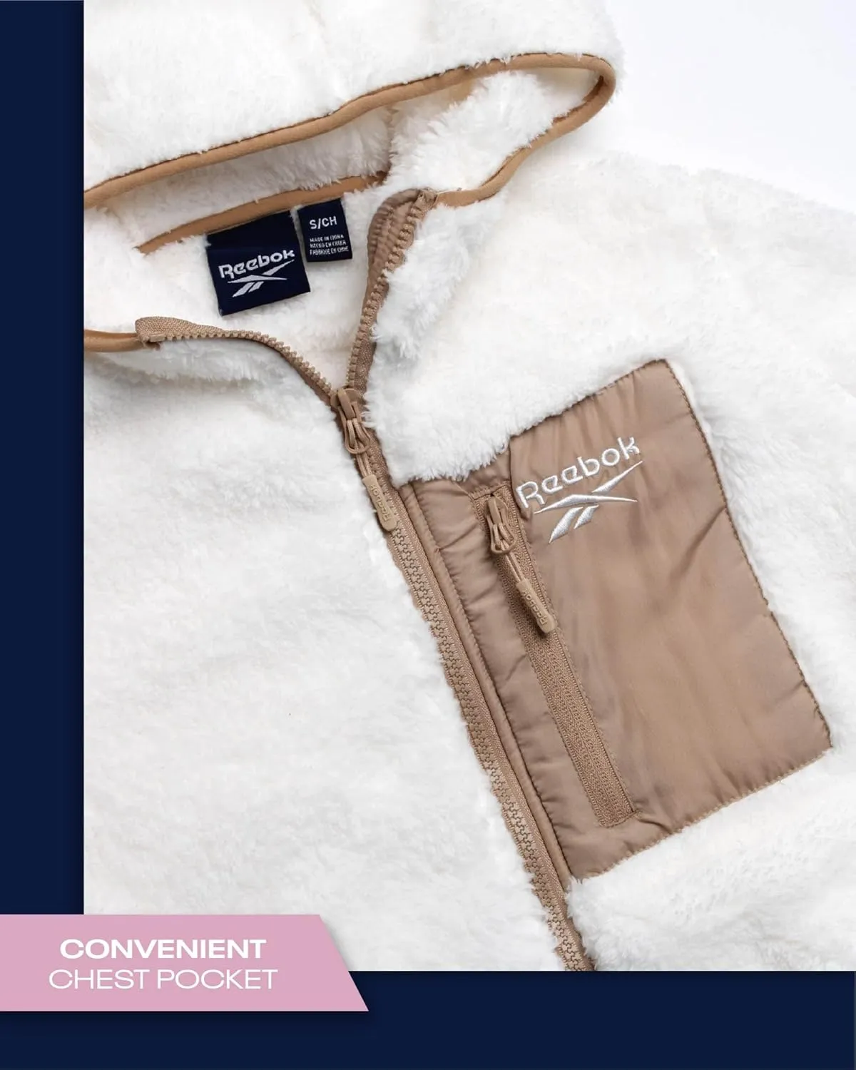 Reebok Women's Fleece Sweatshirt Jacket - Full Zip Sherpa Fur Hooded Jacket - Lightweight Teddy Coat for Women (S-XL)