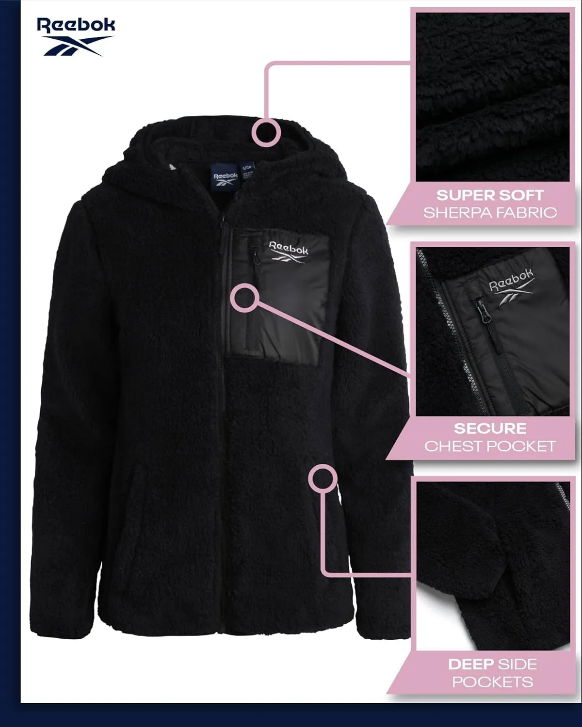 Reebok Women's Fleece Sweatshirt Jacket - Full Zip Sherpa Fur Hooded Jacket - Lightweight Teddy Coat for Women (S-XL)
