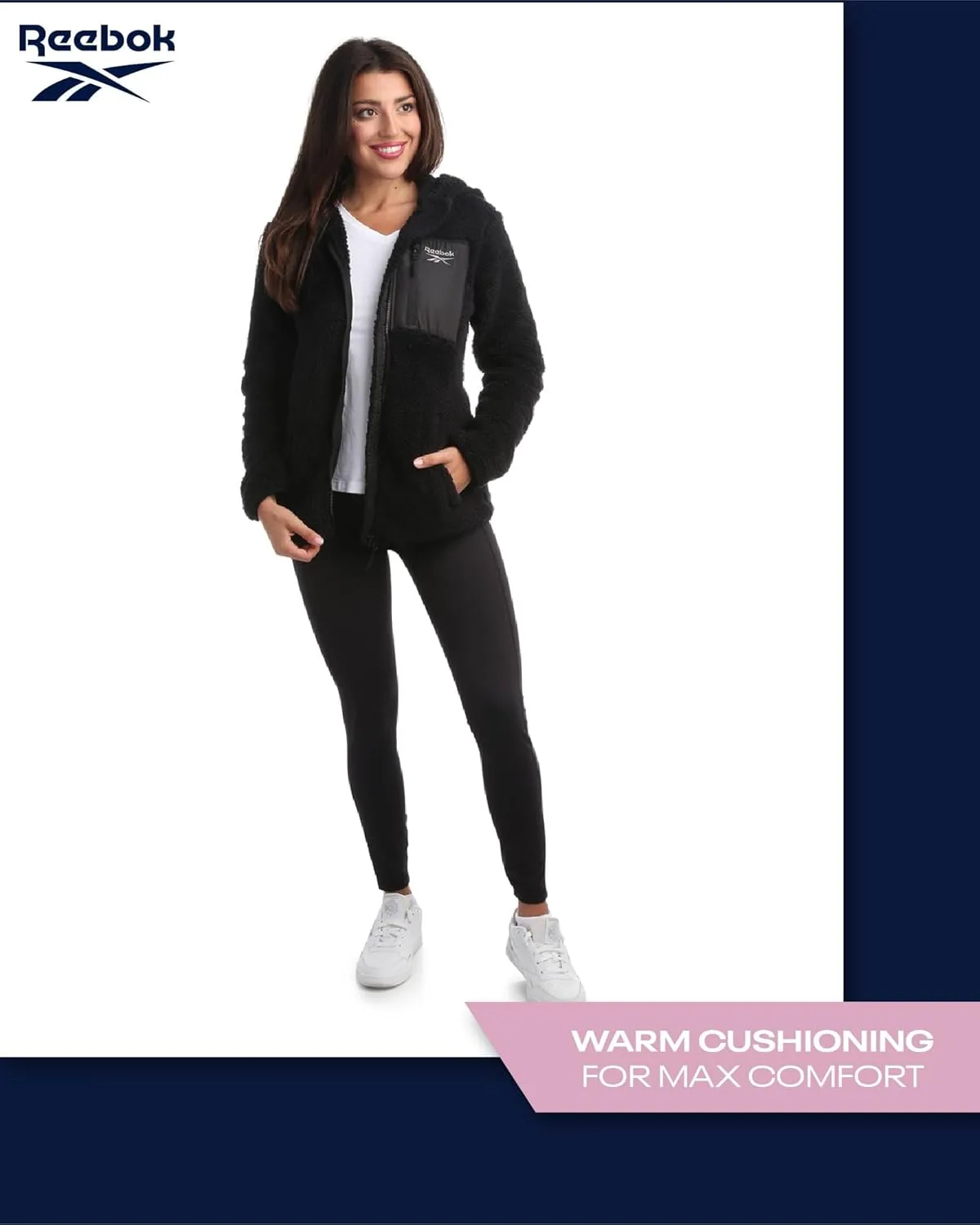 Reebok Women's Fleece Sweatshirt Jacket - Full Zip Sherpa Fur Hooded Jacket - Lightweight Teddy Coat for Women (S-XL)
